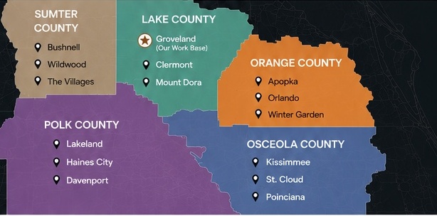 Central Florida service map covering Lake, Orange, Osceola, Polk, and Sumter counties